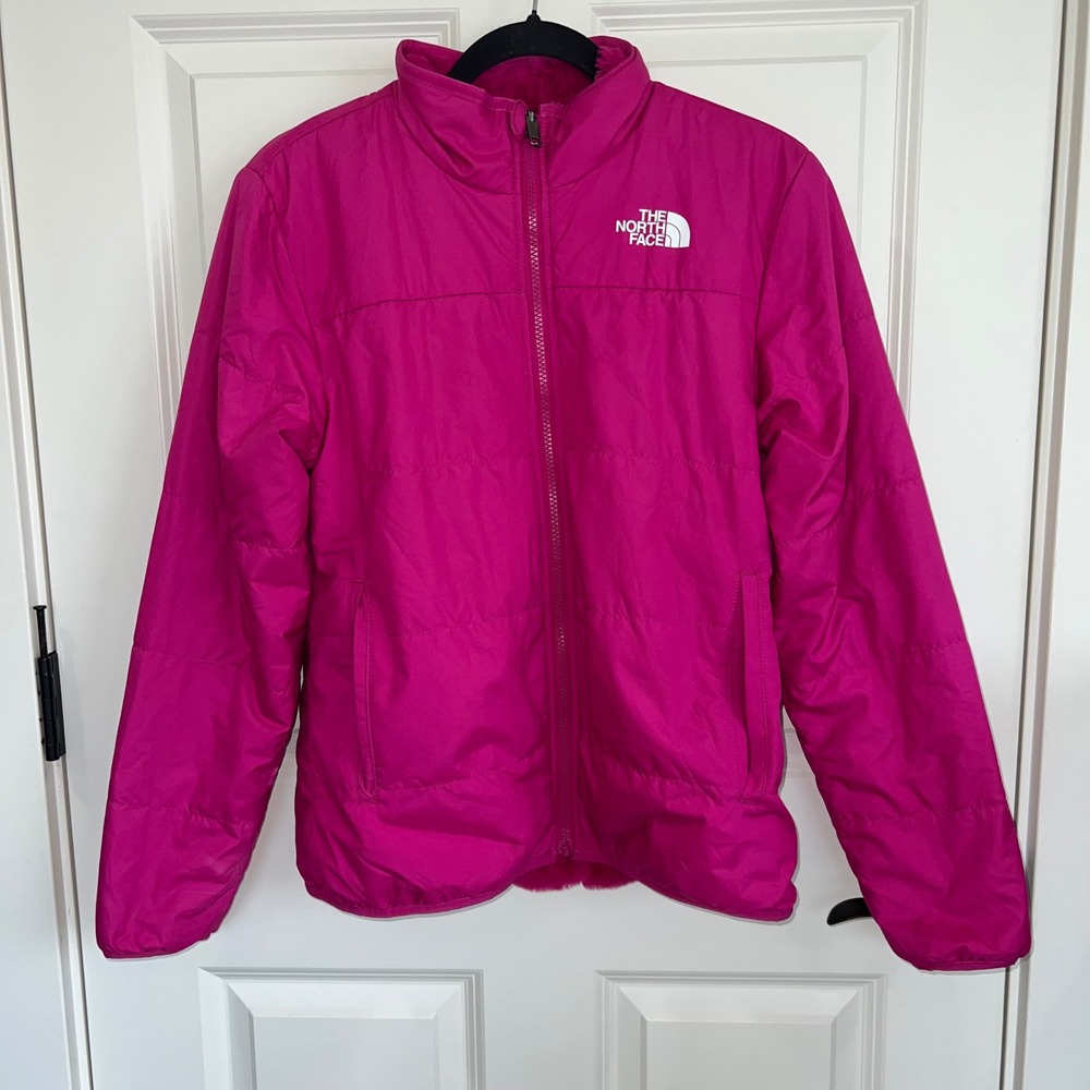The North Face Girls Reversible Mossbud Zip Up Jacket Pink Size XL(14/16)